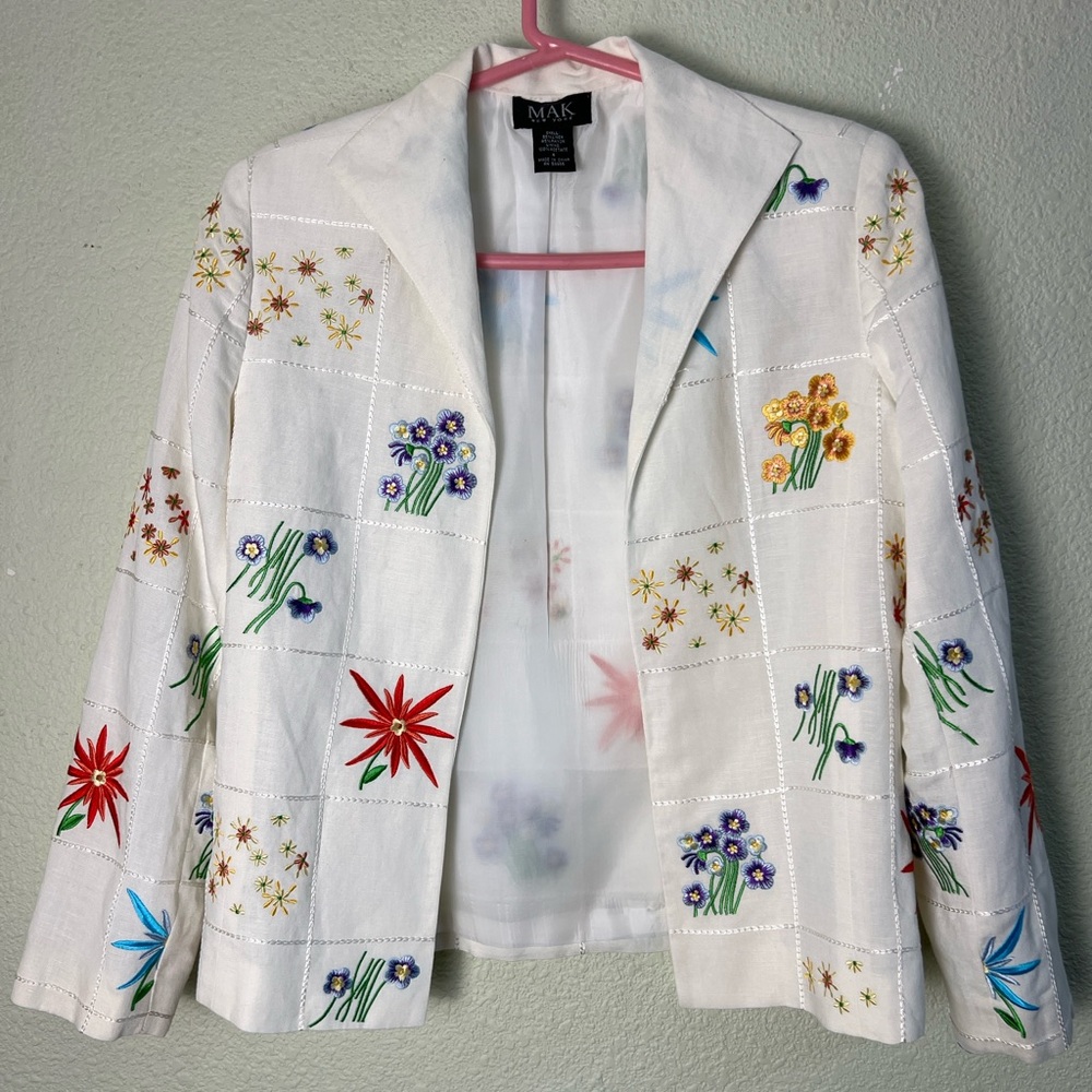 MAK OF NEW YORK LINEN EMBROIDERY BLAZER JACKET CAREER CORPORATE FLORAL 6